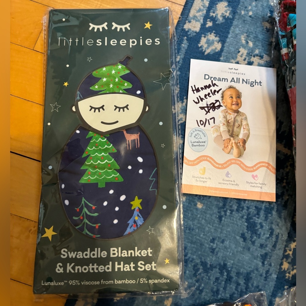 Little Sleepies Merry and Bright Blue Swaddle Blanket & Hat Set New